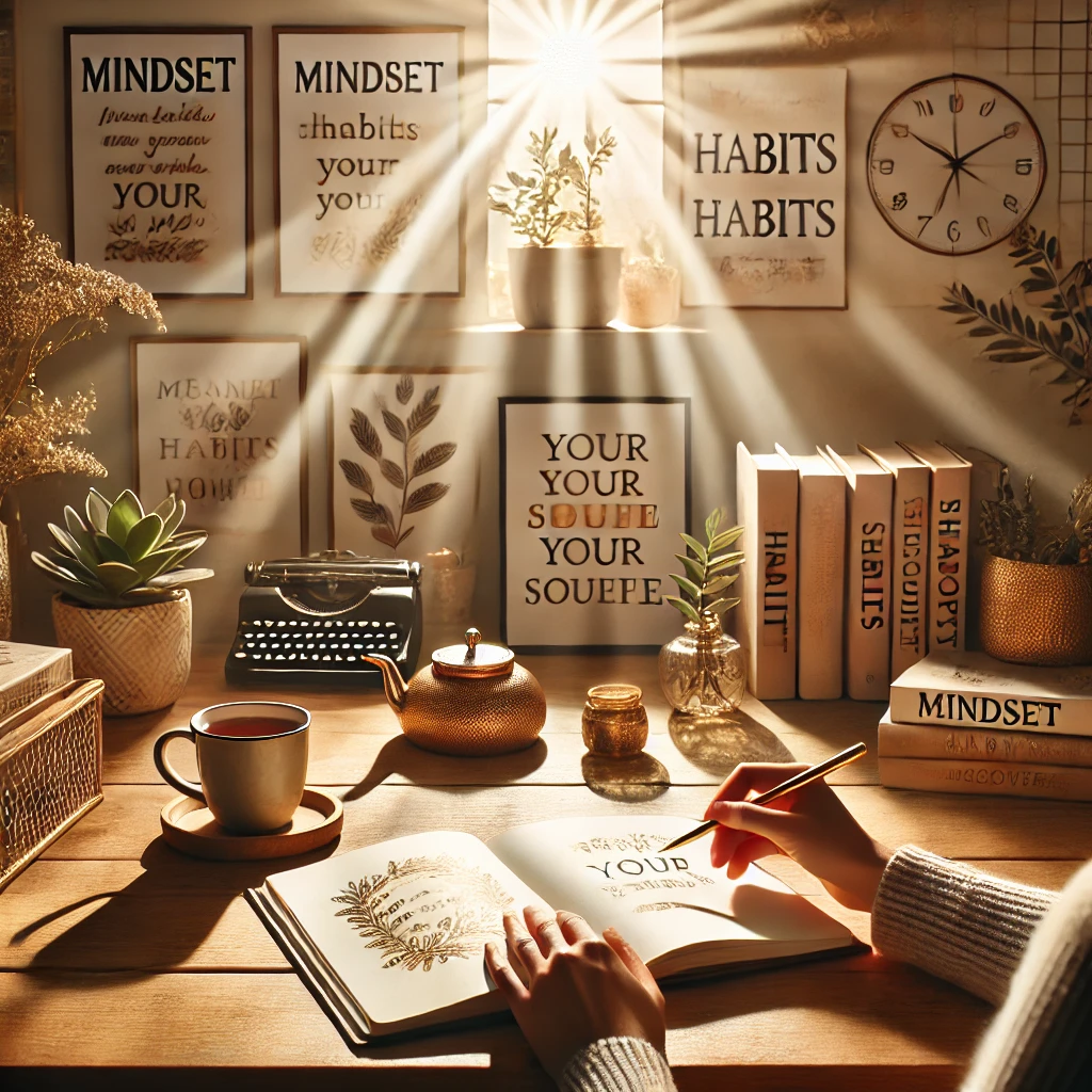 DALL·E 2025-03-27 11.46.50 - An inspirational and serene workspace with a glowing journal, motivational quotes on the wall, a cup of herbal tea, and rays of sunlight streaming thr