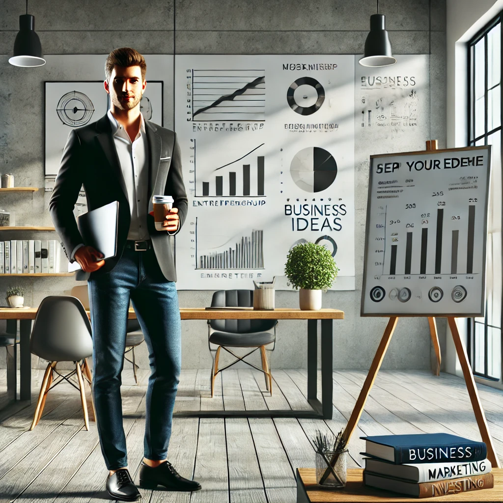 DALL·E 2025-03-27 11.50.25 - A professional and confident character standing in a sleek modern office environment. The character is dressed in smart-casual attire, holding a lapto