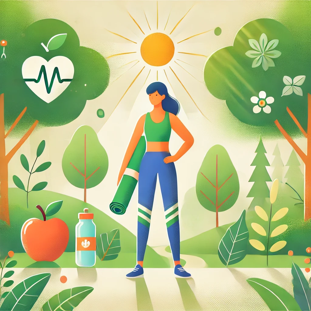 DALL·E 2025-03-27 11.50.55 - A vibrant and healthy character standing in a peaceful natural setting, such as a sunny park or forest trail. The character is wearing athletic wear,