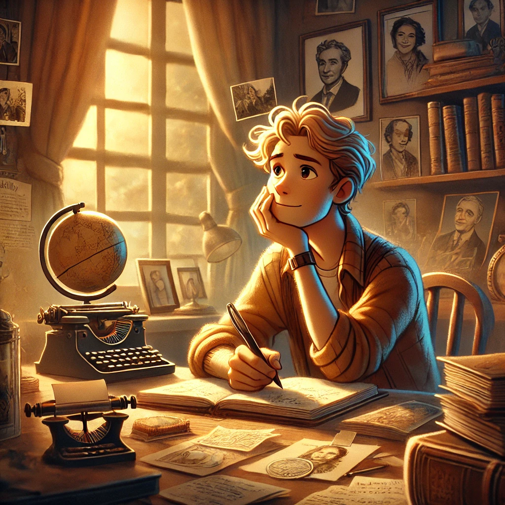 DALL·E 2025-03-27 12.02.08 - A thoughtful and reflective character sitting at a cozy desk, surrounded by old photos, journals, and memorabilia. The character is gazing out of a wi