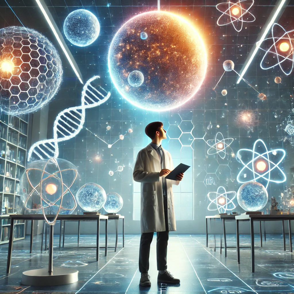 DALL·E 2025-03-27 12.02.45 - A curious and inspired character standing in a futuristic science museum or observatory, surrounded by glowing models of planets, atoms, and DNA stran