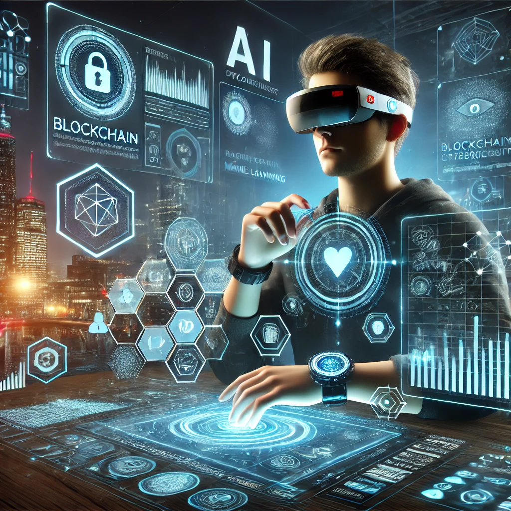 DALL·E 2025-03-27 12.03.25 - A futuristic and tech-savvy character in a sleek digital workspace filled with holographic interfaces, AI elements, and virtual screens displaying dat