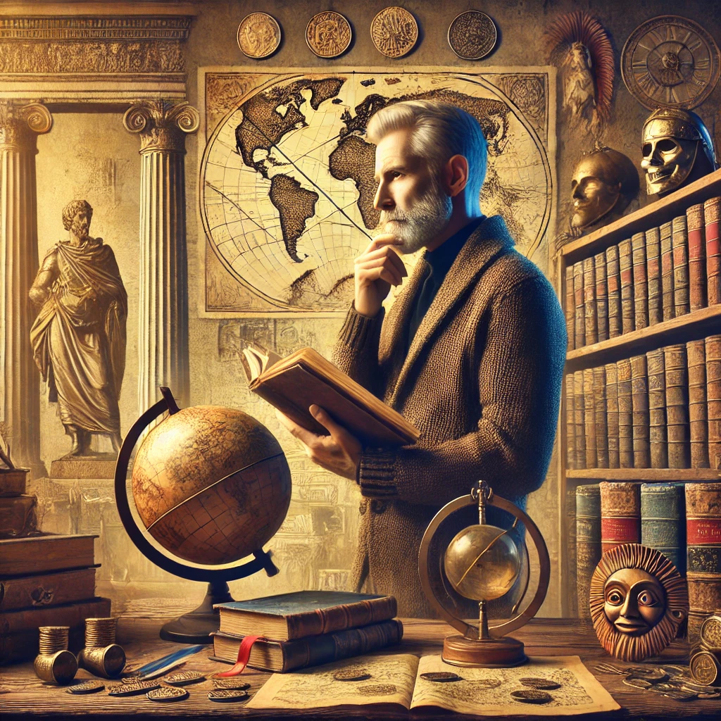 DALL·E 2025-03-27 12.04.01 - A wise and thoughtful character in a study lined with historical books and artifacts. The character is examining an ancient map or holding a history b