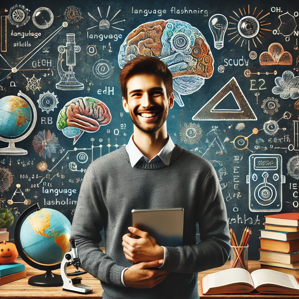 DALL·E 2025-03-27 12.04.34 - An enthusiastic and intelligent character in a creative learning environment filled with books, chalkboards, and digital learning tools. The character