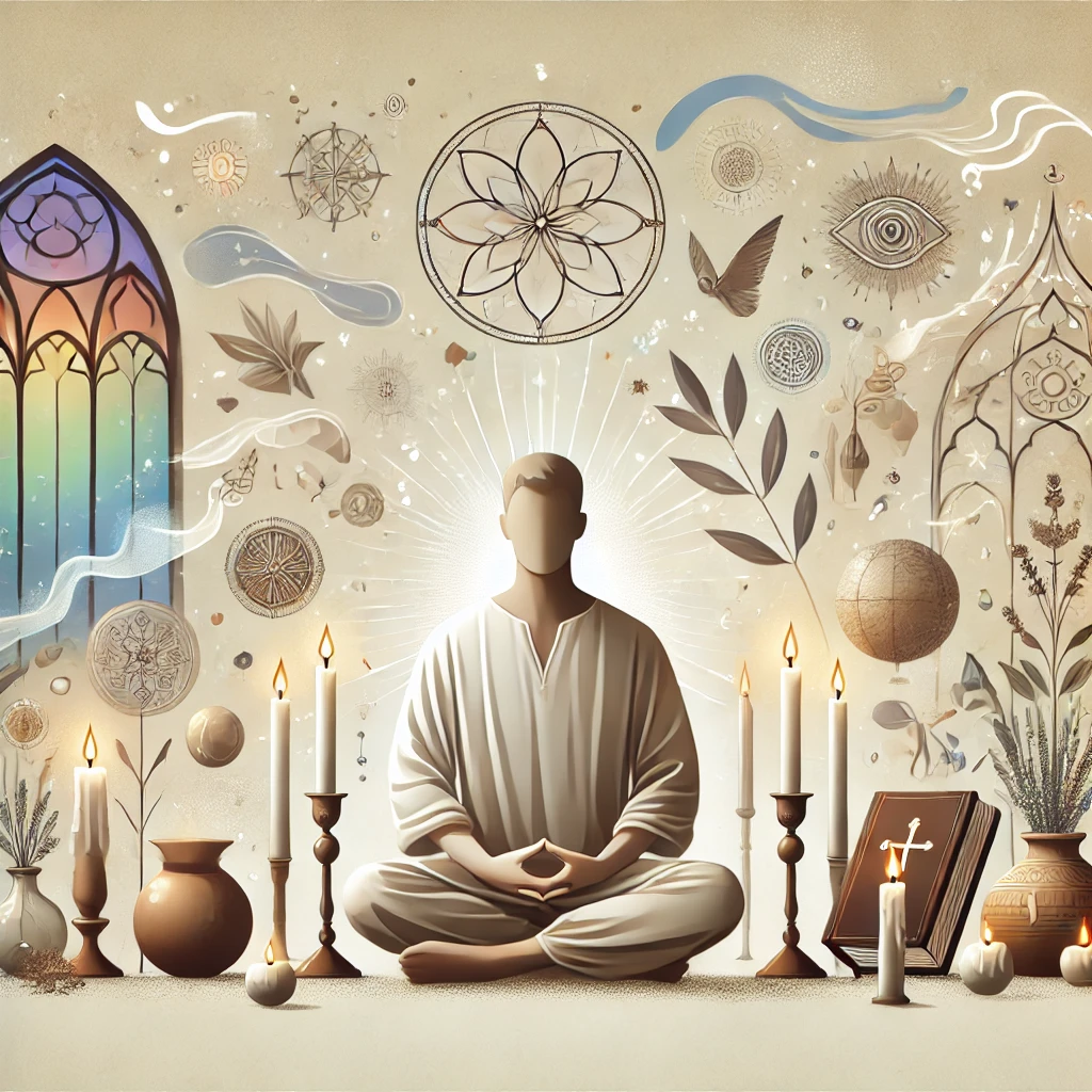 DALL·E 2025-03-27 12.05.10 - A peaceful and serene character meditating or praying in a tranquil, softly lit space filled with spiritual symbols like candles, books, and sacred ob