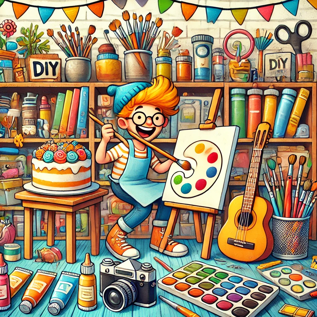 DALL·E 2025-03-27 12.05.38 - A joyful and artistic character in a colorful creative studio filled with hobby materials—paint brushes, cameras, musical instruments, craft supplies,
