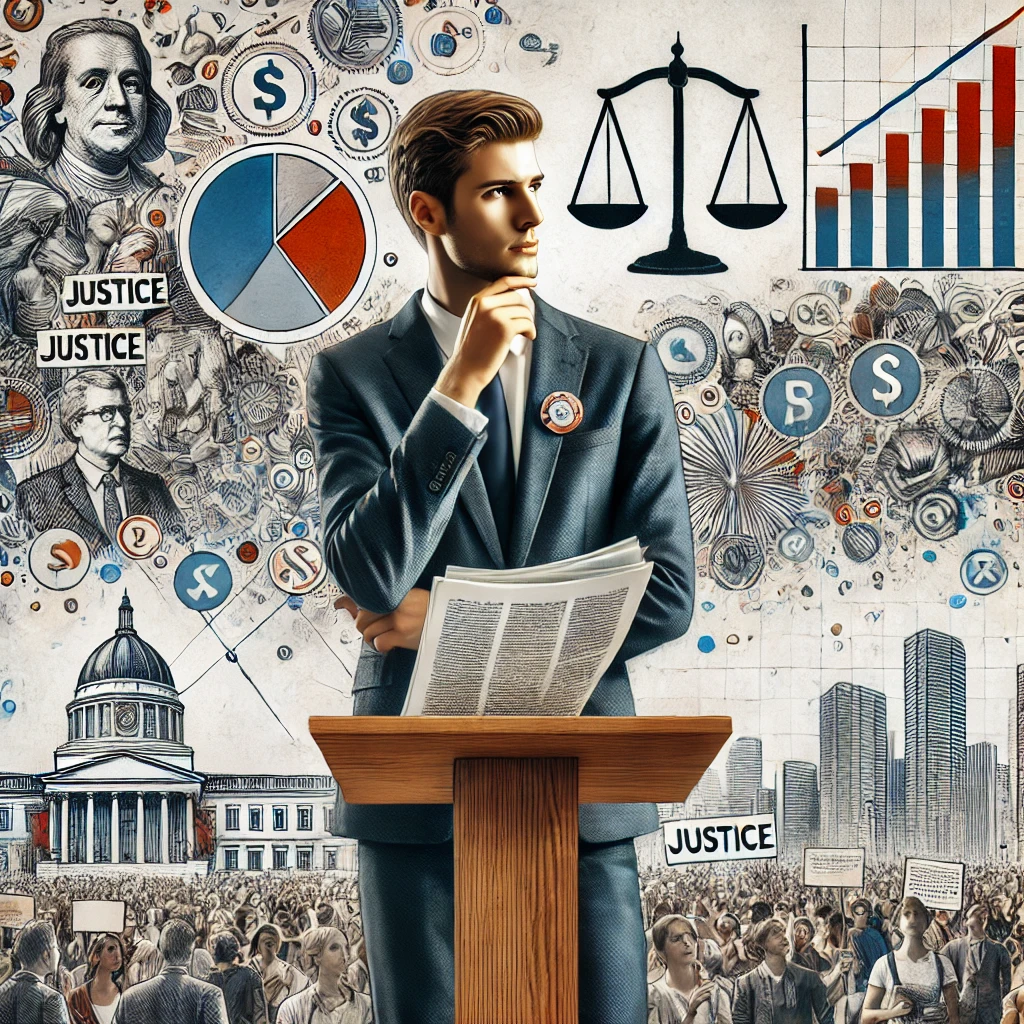 DALL·E 2025-03-27 12.06.42 - A thoughtful and socially engaged character standing at a podium or in a modern cityscape, surrounded by imagery representing current events, justice