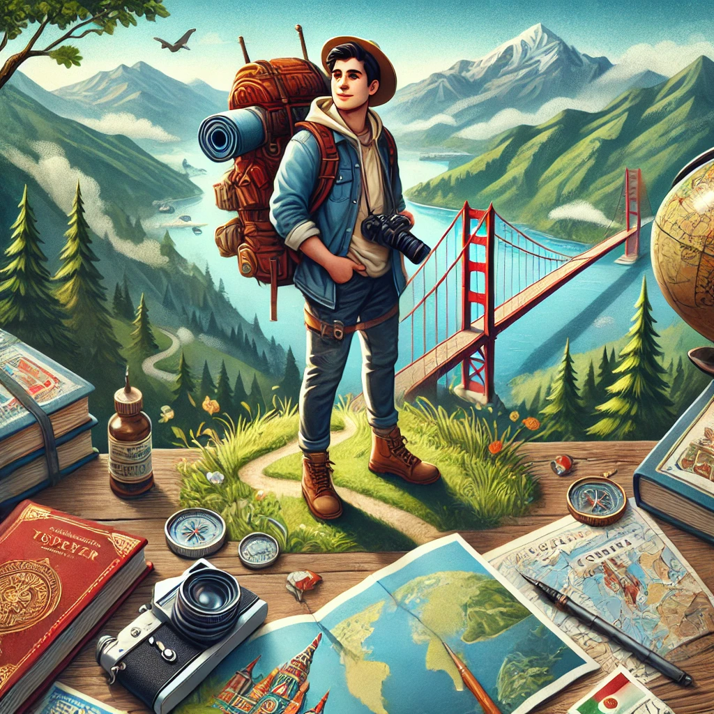 DALL·E 2025-03-27 12.07.11 - An adventurous and curious character standing at the edge of a scenic overlook with a backpack, map in hand, and camera slung over their shoulder. The
