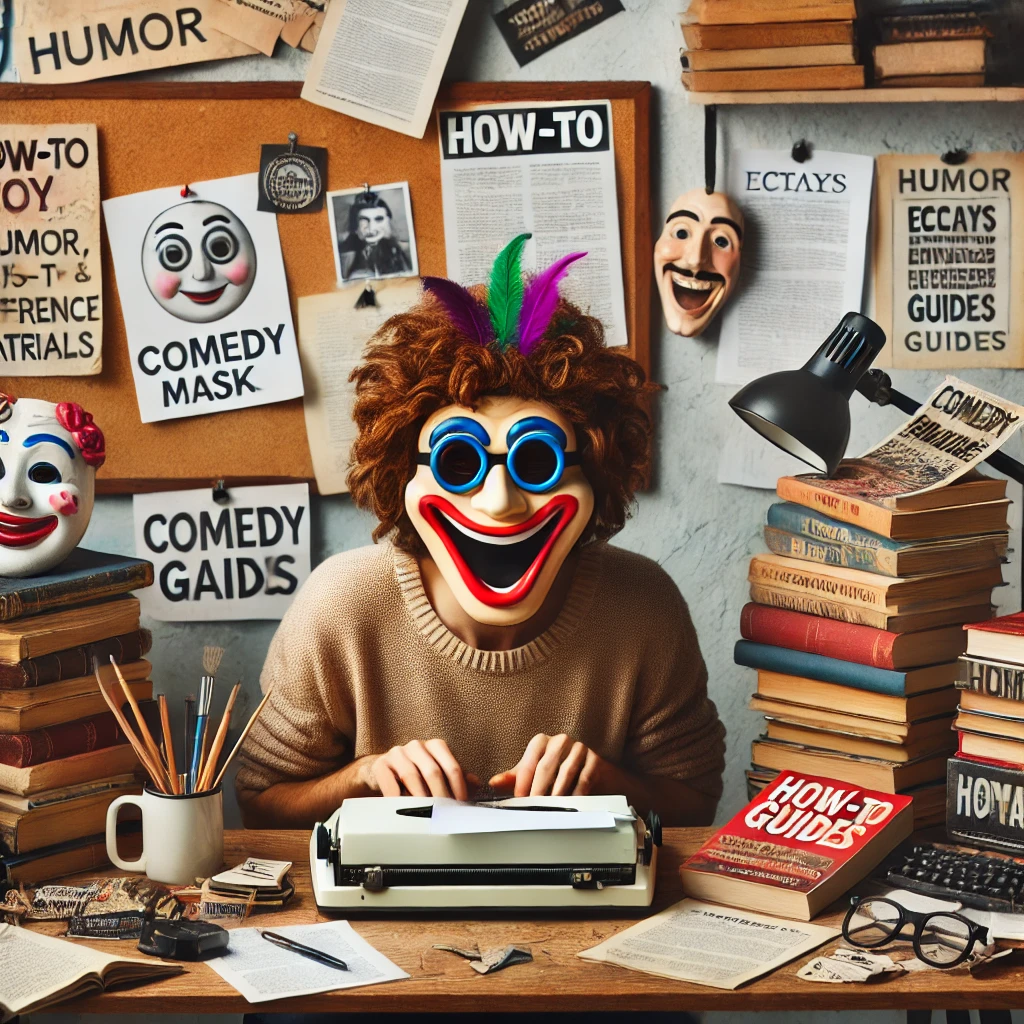 DALL·E 2025-03-27 12.12.14 - A quirky and creative character at a desk surrounded by an eclectic mix of books and items — a typewriter, a comedy mask, a stack of how-to guides, an