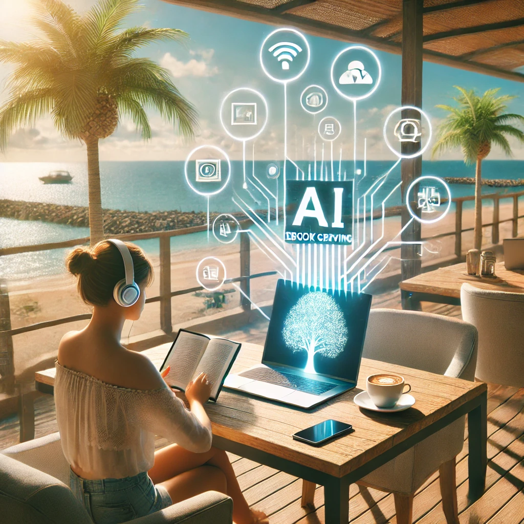 DALL·E 2025-03-27 15.19.25 - A modern, sleek image representing digital lifestyle and remote living, focused on an AI ebook creator. The scene features a young digital nomad worki