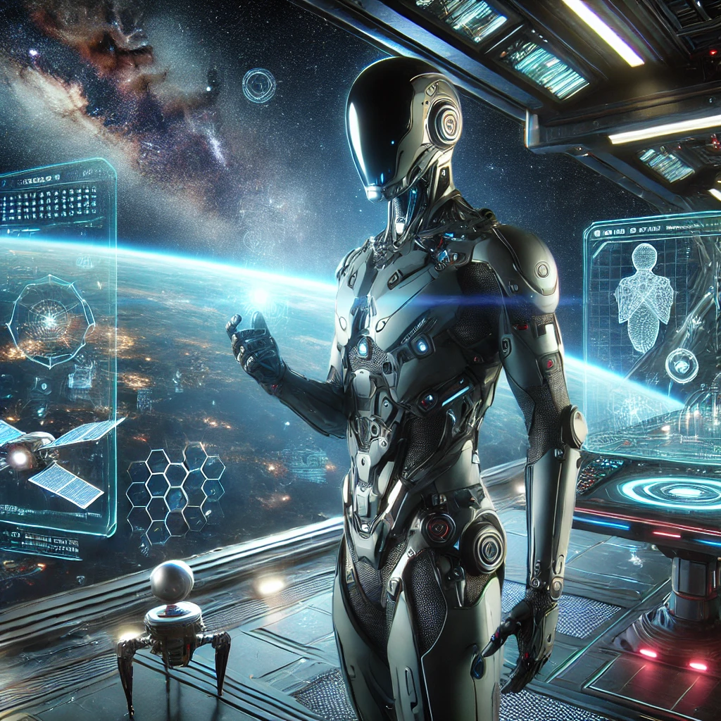 DALL·E 2025-03-27 15.24.12 - A futuristic, intelligent-looking character in a sleek sci-fi suit, standing on the deck of a spaceship with a vast galaxy visible through a panoramic
