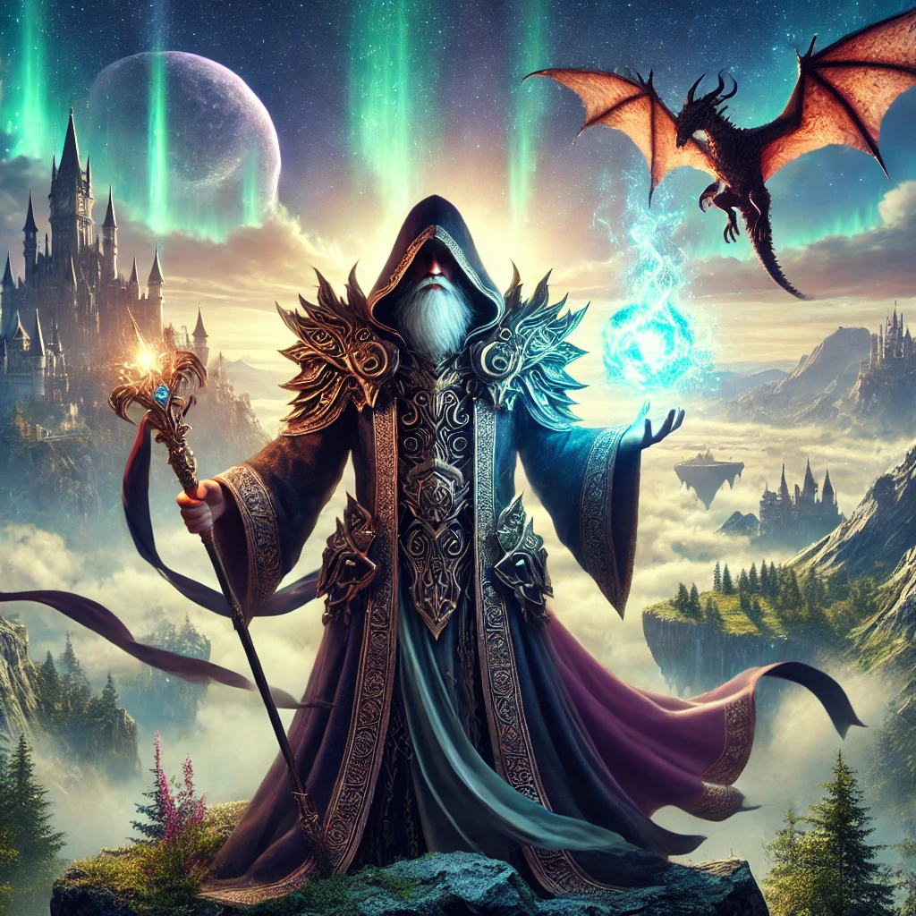 DALL·E 2025-03-27 15.24.54 - A heroic and mystical character in elaborate fantasy armor and cloak, standing atop a mountain with a magical staff or sword glowing in hand. The back