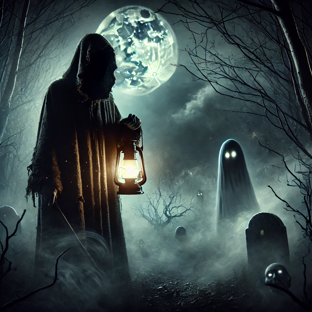 DALL·E 2025-03-27 15.25.20 - A mysterious and eerie character standing in a foggy, moonlit forest, wearing a tattered cloak and holding a lantern that barely cuts through the dark