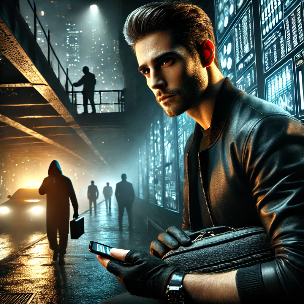 DALL·E 2025-03-27 15.27.43 - A tense and sharp-looking character in a dimly lit urban alleyway or high-tech surveillance room, scanning their surroundings with alert eyes. They're