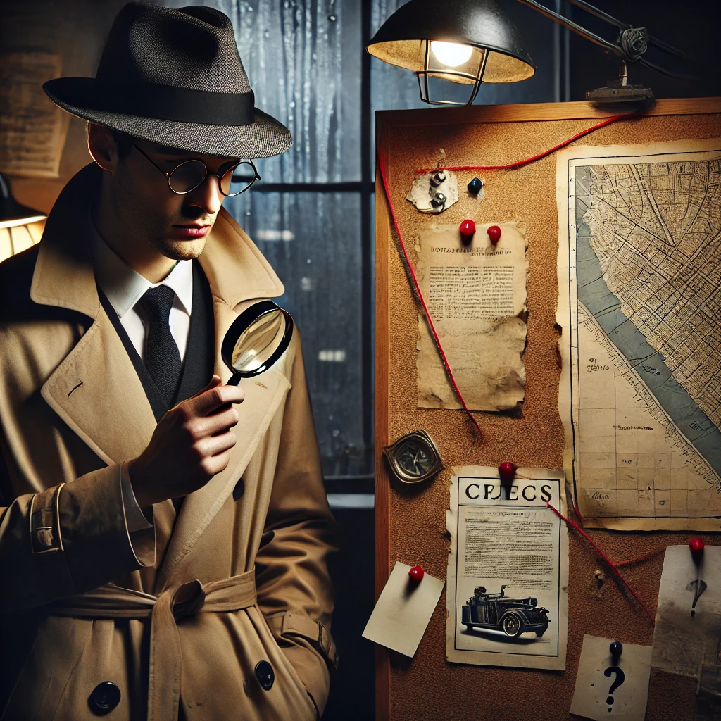 DALL·E 2025-03-27 15.28.13 - A clever and observant detective-style character standing near a corkboard covered with clues, maps, and red string. They're wearing a trench coat and