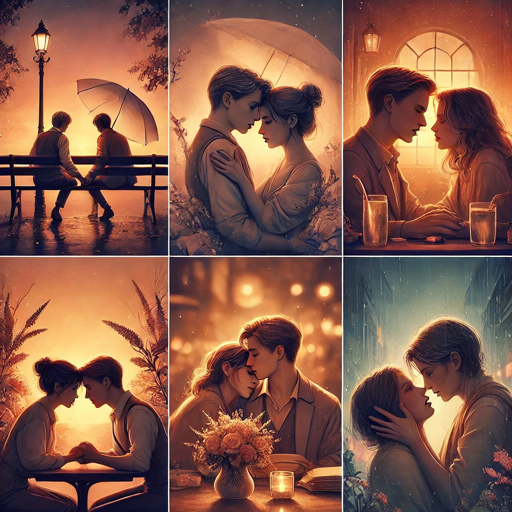 DALL·E 2025-03-27 15.28.44 - A romantic and heartfelt scene with two characters sharing a quiet, intimate moment—perhaps on a park bench at sunset, holding hands in a cozy cafe, o