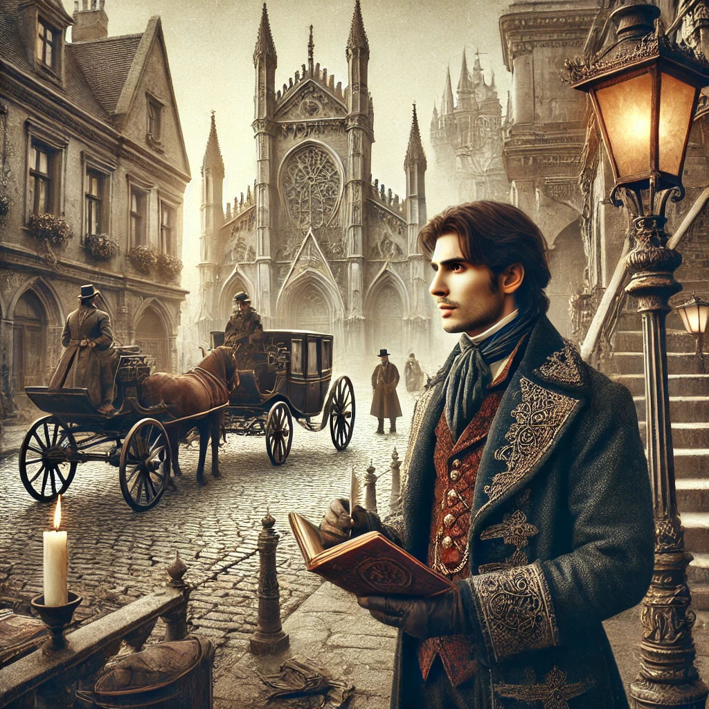 DALL·E 2025-03-27 15.29.19 - A character dressed in detailed period clothing, standing on a cobblestone street or in a grand historical setting like a castle, battlefield, or old