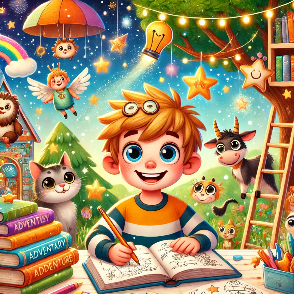 DALL·E 2025-03-31 13.47.08 - A cheerful and imaginative young character in a colorful room filled with books, toys, and magical elements like flying books, talking animals, or glo