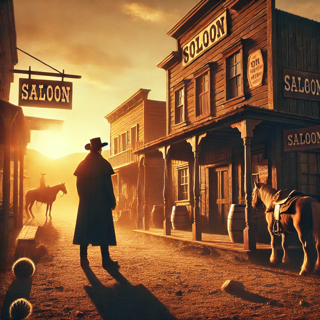 DALL·E 2025-03-31 13.50.29 - A classic Wild West scene depicting a dusty frontier town at sunset. Wooden buildings with old saloon signs line a dirt street, and a lone cowboy stan