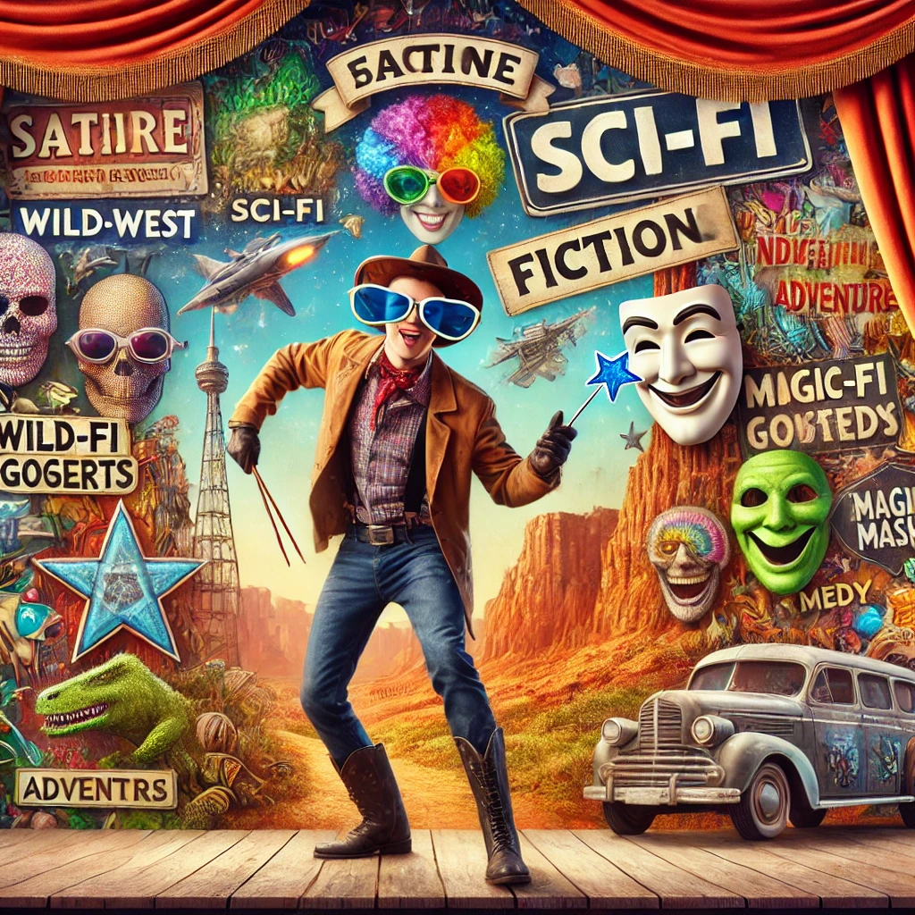 DALL·E 2025-03-31 13.51.02 - A quirky and genre-blending character standing on a patchwork stage with elements from multiple fiction genres—cowboy hat, sci-fi goggles, magic wand,