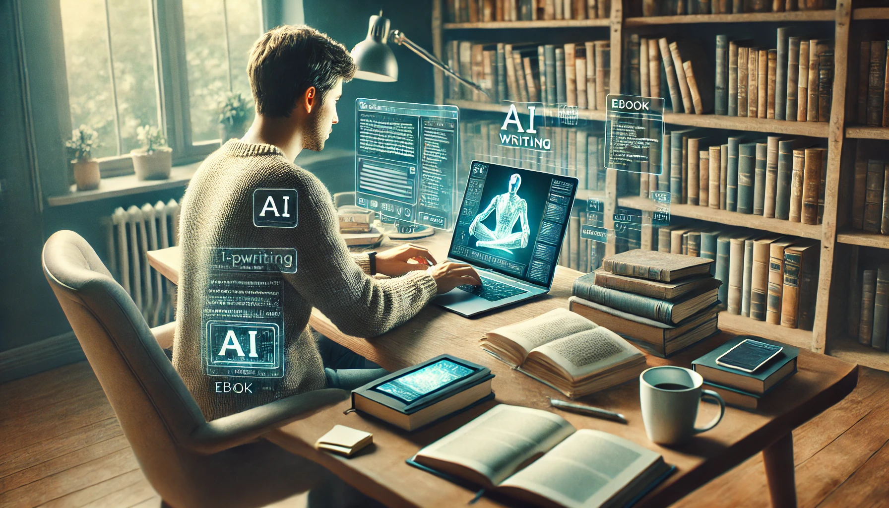 DALL·E 2025-03-31 14.02.03 - A realistic, photographic-style image of a person sitting at a desk in a cozy, modern workspace, working on a laptop. The screen shows a digital writi