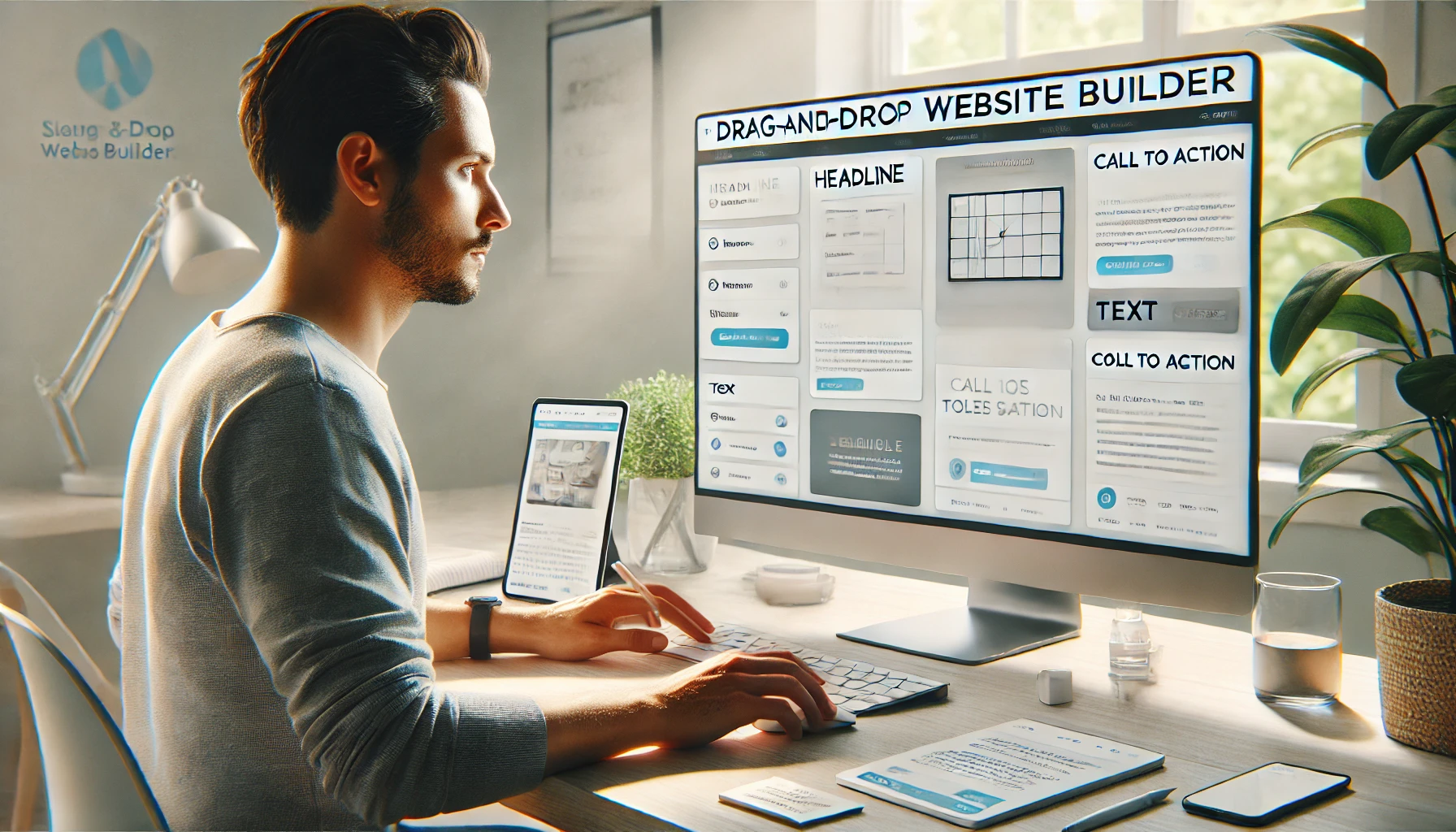 DALL·E 2025-03-31 14.03.17 - A realistic, photographic-style image of a person using a drag-and-drop website builder on a computer screen in a clean, modern workspace. The screen