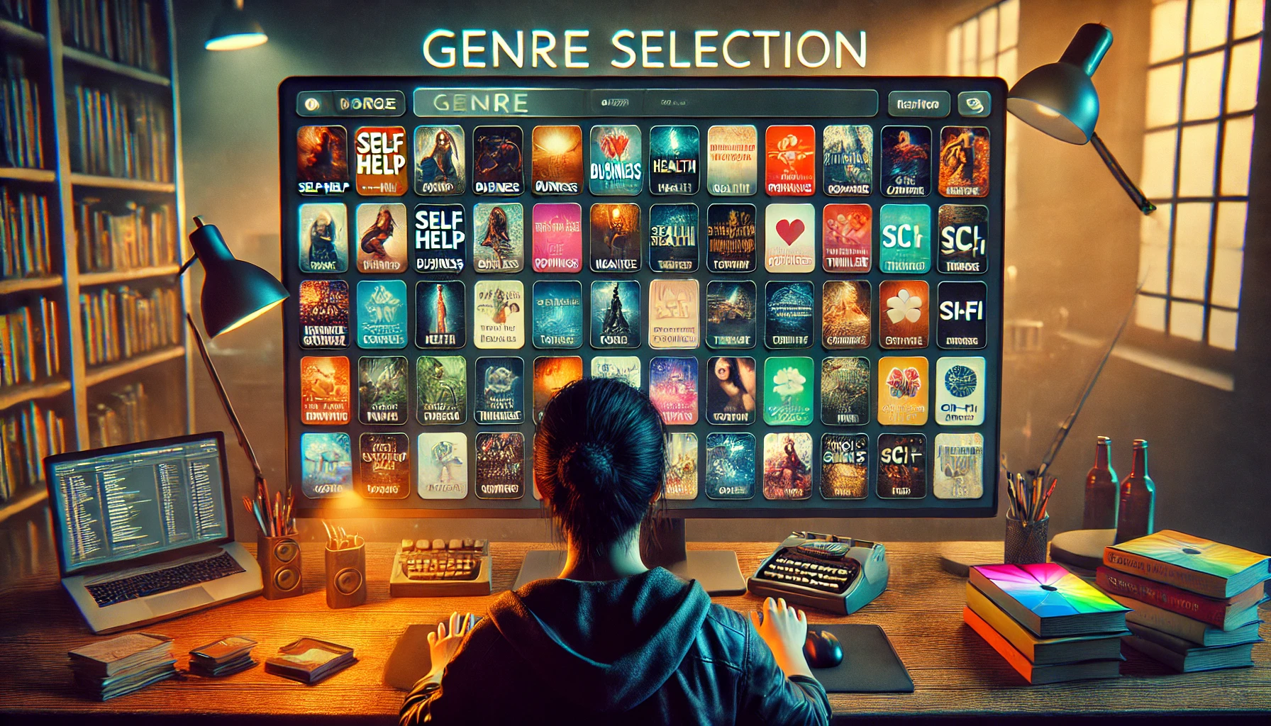 DALL·E 2025-03-31 14.10.16 - A realistic, photographic-style image of a person using a computer with a screen displaying a large genre selection interface. The screen shows a clea